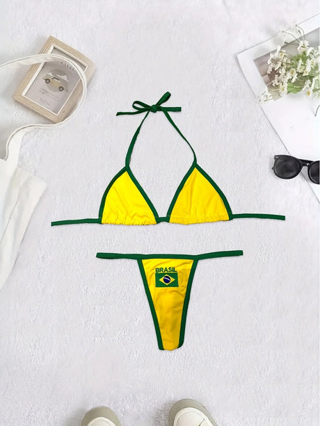 2026 New Summer Brazilian Flag Contrasting Bikini Retro Sexy Fashion Sports Trend Fashion Backless Split Niche Spicy Girl Set