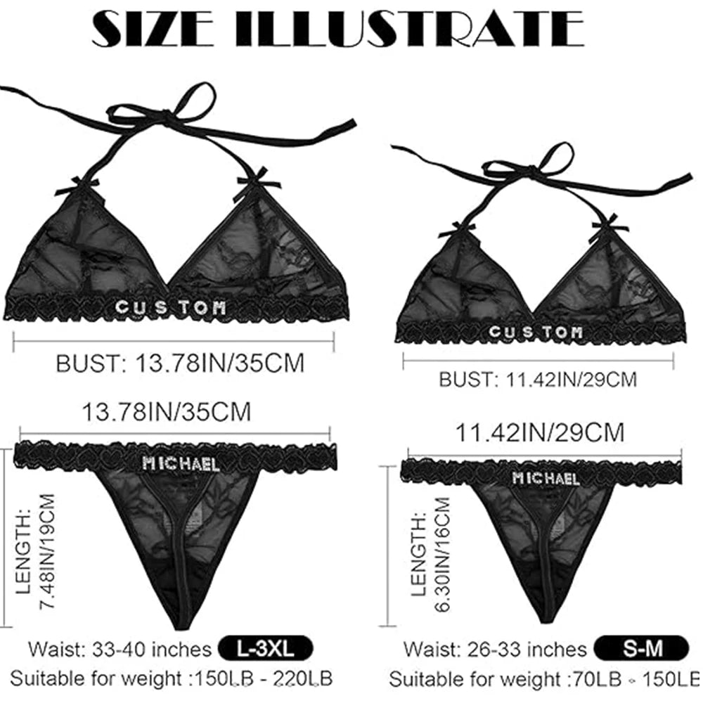 NEW Custom Name Thongs Lingerie Personalized Bra Thong Sets Sexy Lace Underwear Valentines Day Hotwife Gift Plus Size G-string