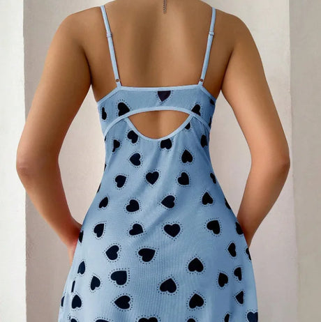 Pajamas Heart Print Lace Patchwork Camisole Dress Sexy Pure Desire Erotic Slim Fit Short Dress Bowknot Deep V Sleeveless Dress