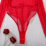 Red Exotic Bodysuits Tempted Fitting Lingeries Femme Ultra Hot Sexy See Through Mesh Splicing Crotchless Teddies Sissy Underwear