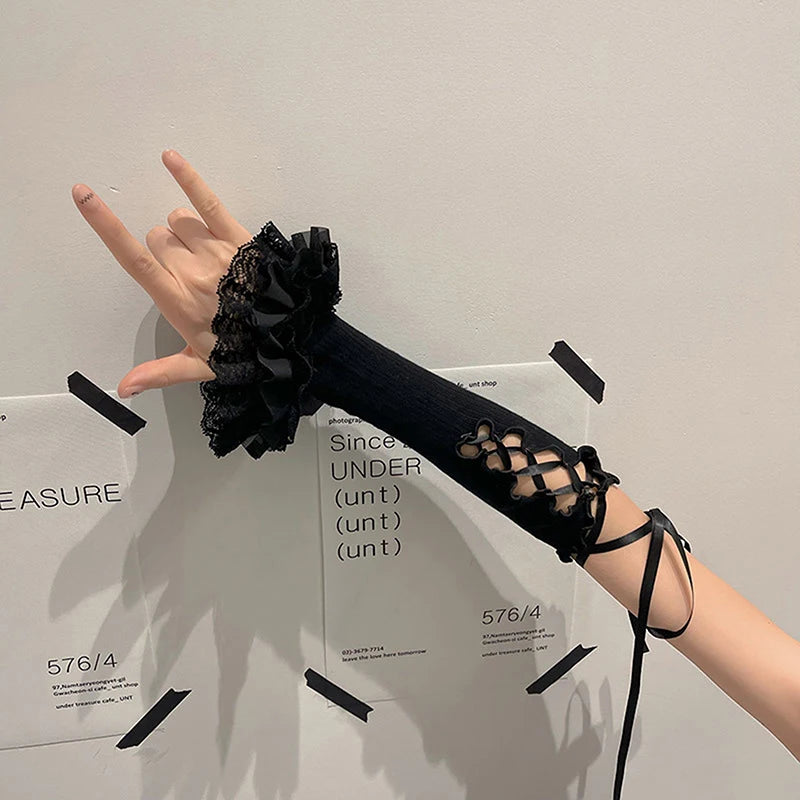 Women Lace Ruffle Arm Warmers Fingerless Gloves Tie-up Elbow Length Sleeves Y2K Aesthetic Kawaii Lolita Oversleeve Cuffs Covers