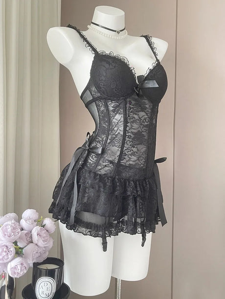 French Sexy Lace Nightdress Summer Women's Corset Gather Suspenders Pajamas with Chest Pads See Through Mesh Lace Loungewear