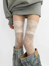 Women Fishnets Stockings Sexy Lace Fishnet Floral Knee High Socks Breathable Hollow-out JK Mesh Lolita Retro Thigh Highs Socks
