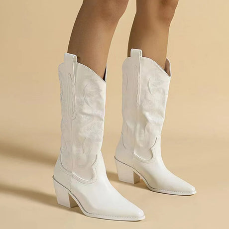 White Cowgirl Western Boots Embroidery Cowboy Boots for Women 2026 Brand Fashion Chunky Heeled Women Mid-Calf Boots Shoes Comfy