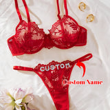 Personalized Thong with Name Embroidery Floral 2pc ingerie Set Custom Your Name Thong Sheer Bra Brief Underwear Anniversary Gift