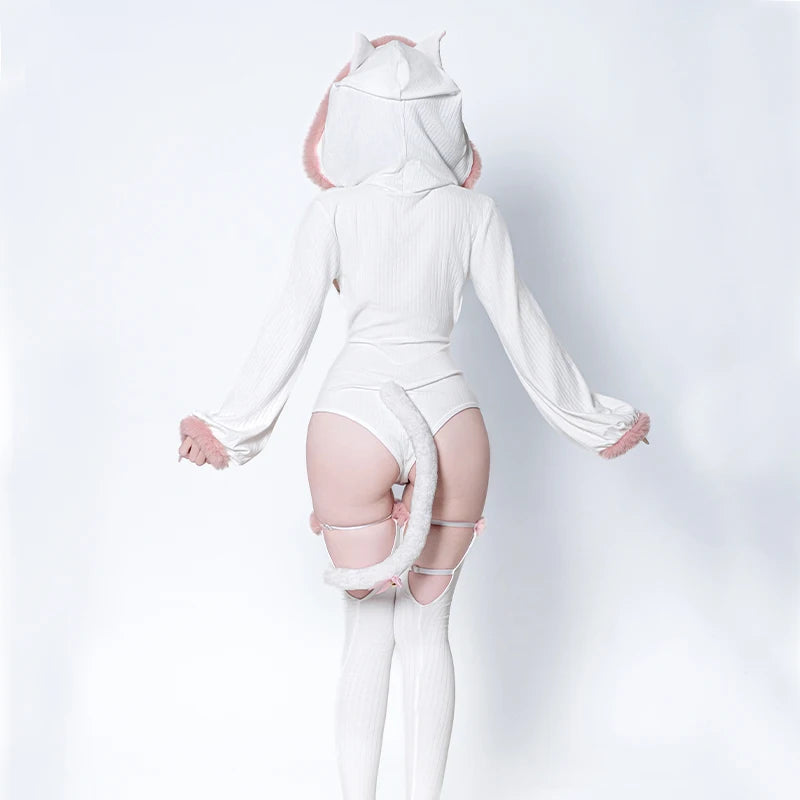 SENMHS Original Japanese Sweet Lolita Cat Girl Cosplay Set Women Kawaii Cat Paw Bikini with Hooded Bodysuit Photo Shoot Hallowee