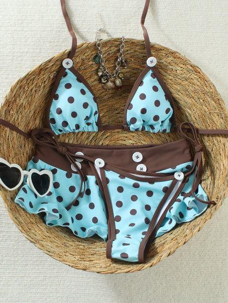 Vintage Polka Dot 3 Piece Bikini Set, Button Trim Ruffle Skirt Cover Up Halter Triangle Swimsuit