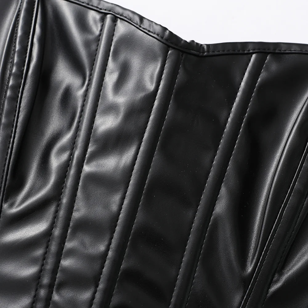 Women Faux Leather Strapless Corset Boned Back Lace Up Waist Cincher Gothic Party Club Night Out Wear