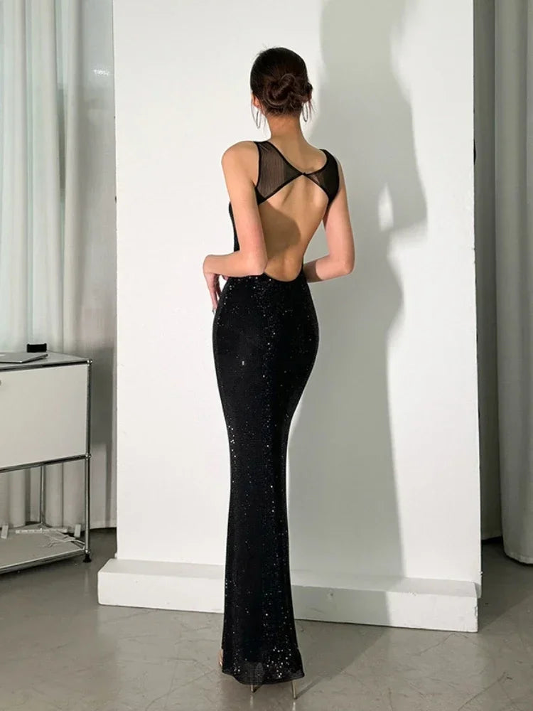 Sexy Square Collar Mesh Patchwork Diamonds Long Dress Women Backless Shiny Rhinestone Slim Dresses Evening Party Cocktail Gowns
