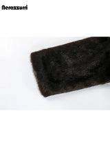 Nerazzurri Autumn Winter Extra Long Thick Warm Brown Fluffy Faux Mink Fur Coat Women Luxury Elegant Chic Furry Overcoat 2024