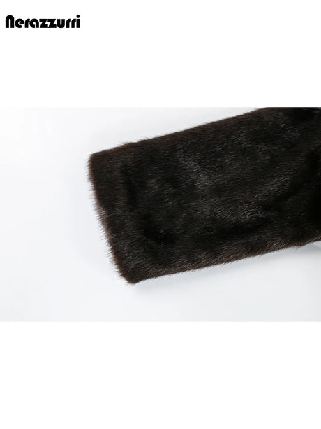 Nerazzurri Autumn Winter Extra Long Thick Warm Brown Fluffy Faux Mink Fur Coat Women Luxury Elegant Chic Furry Overcoat 2024
