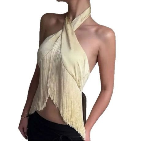 Women Satin Halter Top Asymmetrical Tassel Fringe Crop Top Backless Crisscross Neck Slim Fit Party Club Sleeveless Camisole