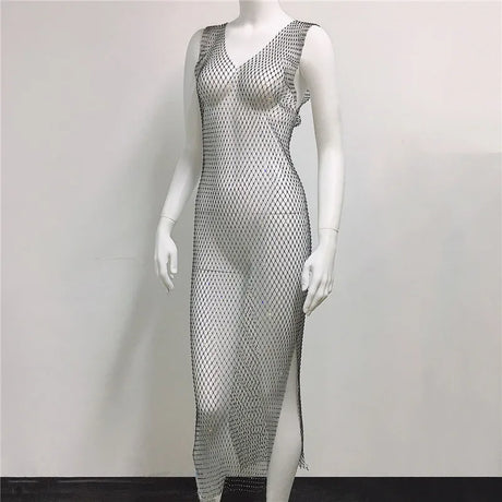 Fishnet Bling Diamonds Women Dress High Split Plaid See Through Sleeveless Summer Sexy Slim Long Dresses Dance Party Fashion New