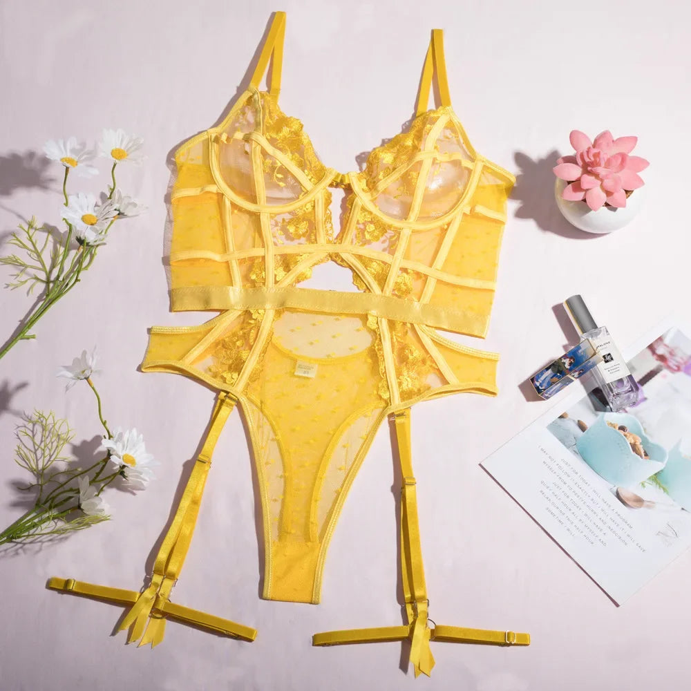 Tornova Lace Embroidery Jumpsuit For Women Mesh Patchwork See-through Sexy Hollow Out Underwear Solid Color Garters Underwear