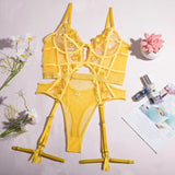Tornova Lace Embroidery Jumpsuit For Women Mesh Patchwork See-through Sexy Hollow Out Underwear Solid Color Garters Underwear