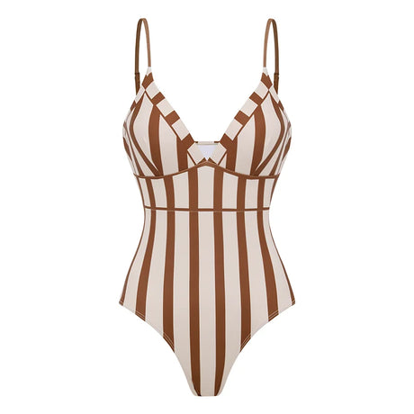 Flaxmaker Summer Sexy V Neck Vintage Printed Swimsuit Set Retro Brown stripes Printed Swimwear And Skirt Biquini conjunto de