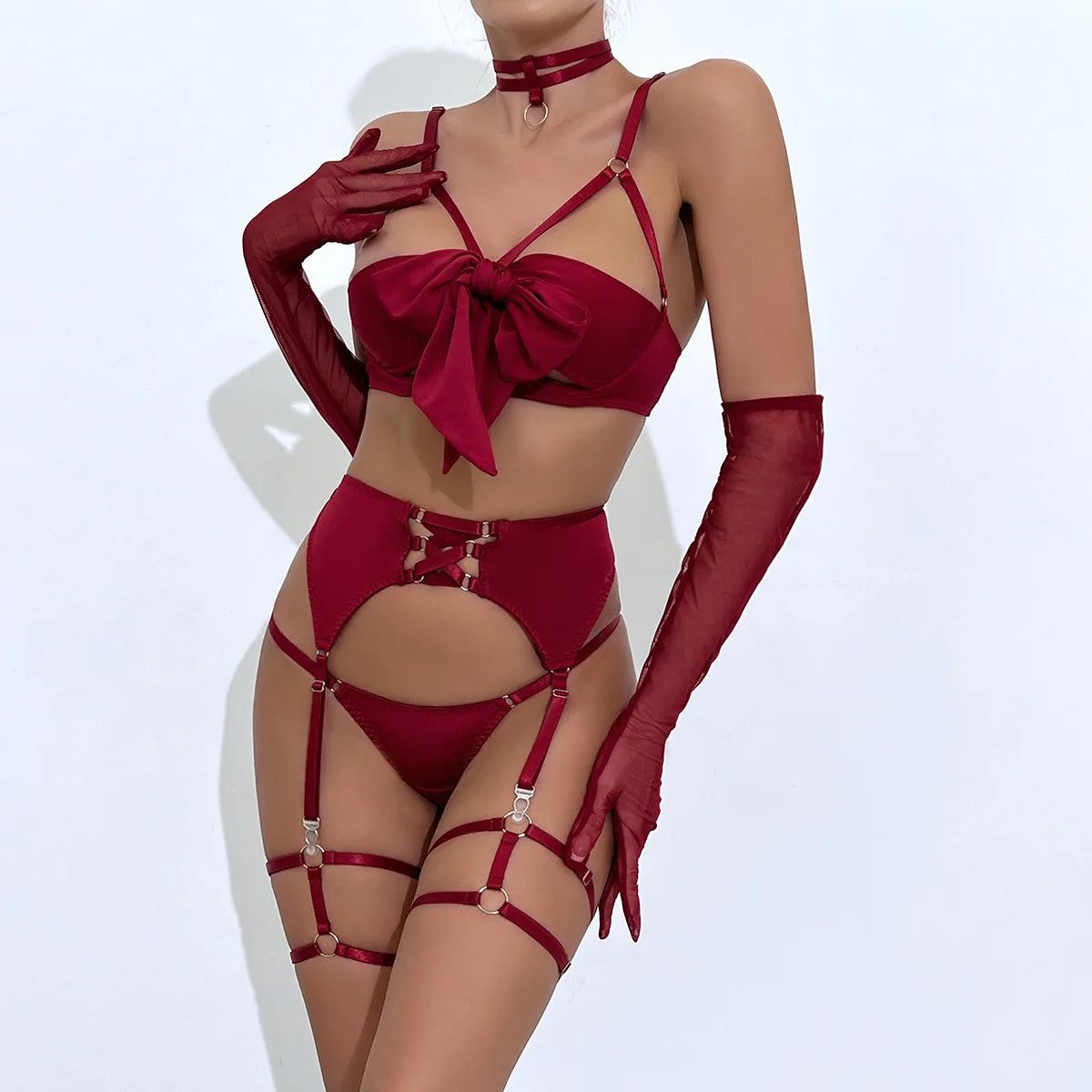 Cupless Lingerie Set Silk Bra Thigh Straps 3Piece Satin Bowknot Erotic Underwear for Women
