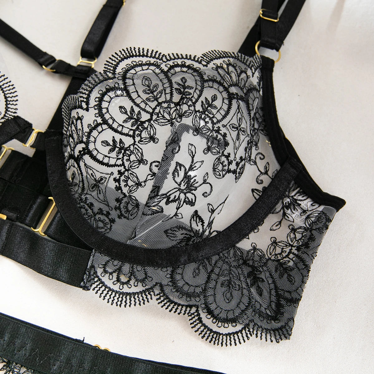 Krasapt Black Lace Embroidered Metal Buckle Sexy Lingerie Set Front Open See-through Lingerie 5Pcs Set Fancy Exotic Intimate Set