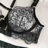 Krasapt Black Lace Embroidered Metal Buckle Sexy Lingerie Set Front Open See-through Lingerie 5Pcs Set Fancy Exotic Intimate Set