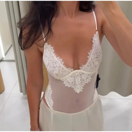 Lace Splice Sheer Bodysuit V Neck Spaghetti Strap Fitted 2026 Summer  Women Club Fashion Outfit Party Trendy Slim Lingerie