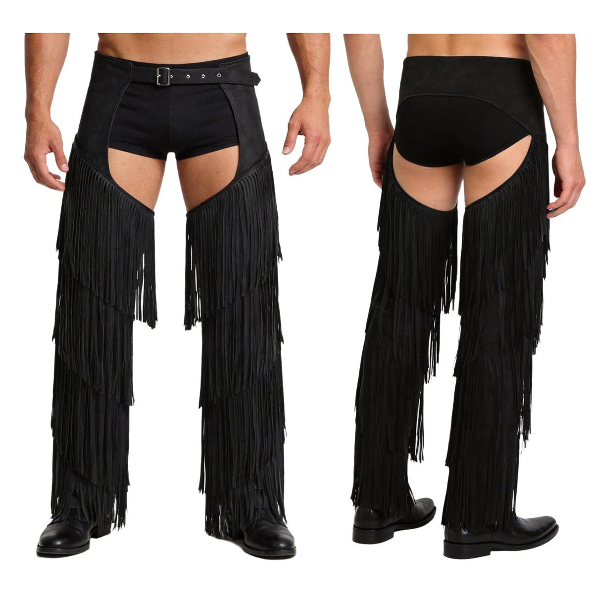 Mens Western Cowboy Chaps Fuax Suede Tassel Hollow Out Open Crotch Long Pants Adjustable Buckles Waist Motorcycle Biker Trousers