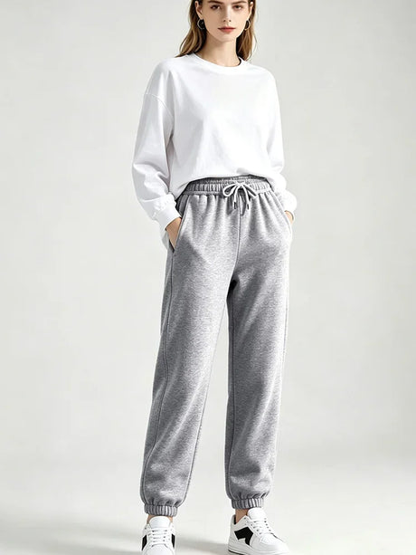 Autumn Winter Warm Solid Color Fleece Women Long Pants Casual Loose Elastic Waist Sports Pants Office Ladies Trousers Women