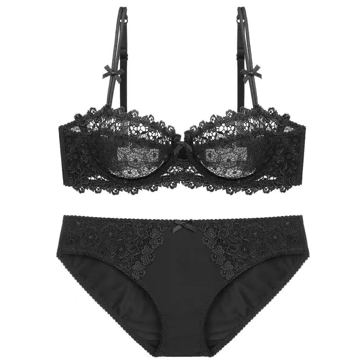 European Lace Bra Set Ultra-Thin Semi-Transparent, Half Cup Pure Desire Bras for Small Chest, Anti-Sagging Comfortable Underwear