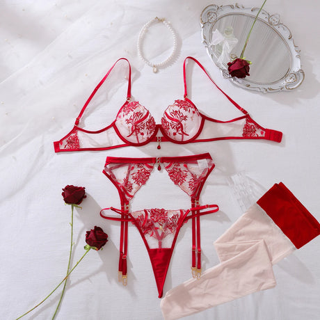 New gemstone accessory perspective floral embroidery shaping sexy lingerie split set with leg socks set