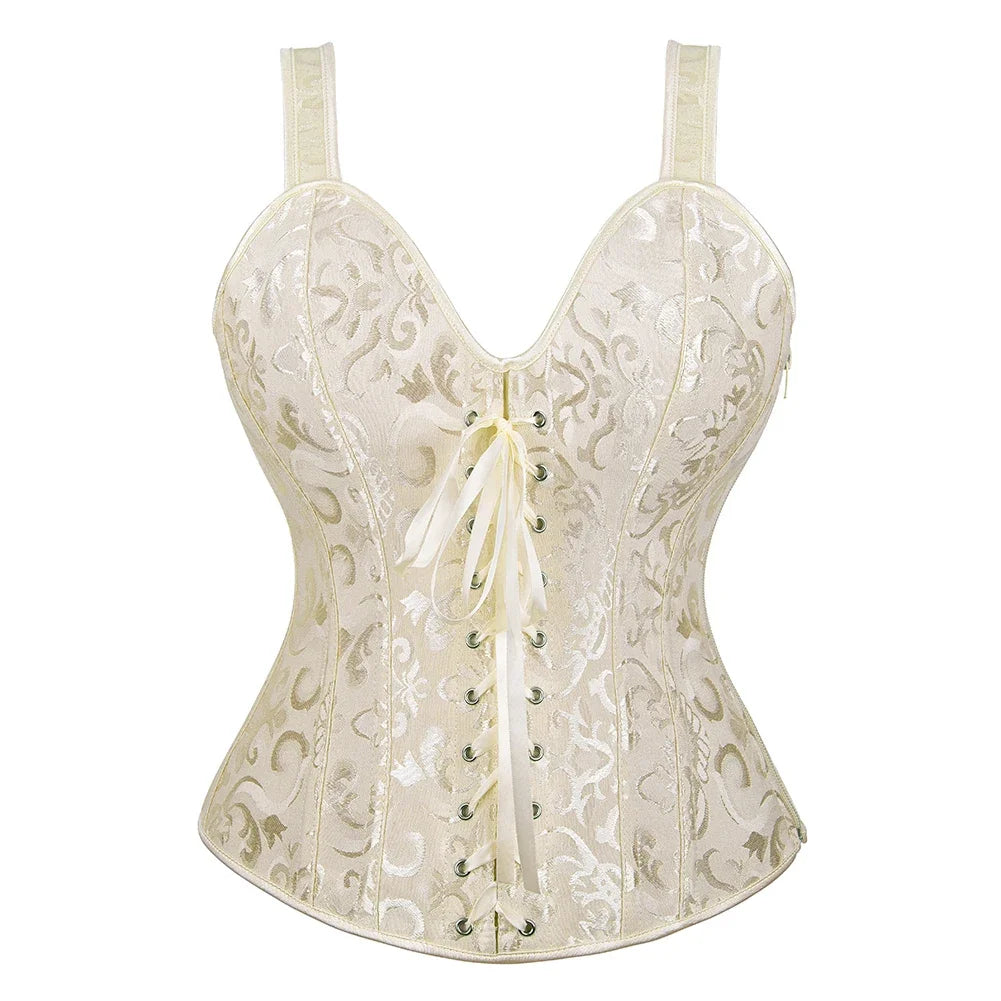 Gothic Corset Top With Straps Sexy Floral Zipper Brocade Overbust Lingerie Burlesque Body Shaper Lace Up Bustier Plus Size