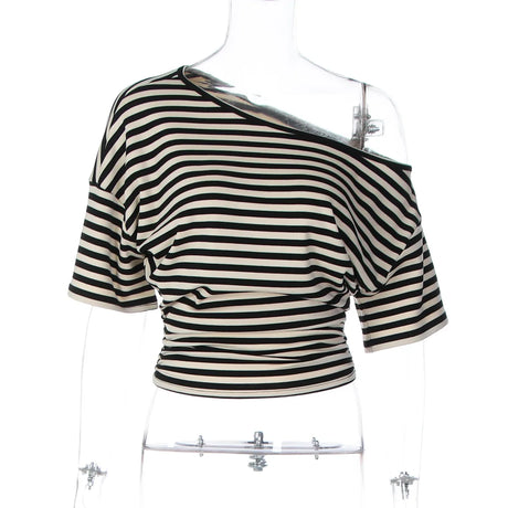 2026 New Autumn Women Vintage Striped Off Shoulder T-shirt Waist Cinching Slim Fit Daily Wear Ladies Tops