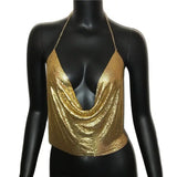 Sexy Metal Sequins Tank Top For Women 2025 Summer V Neck Backless Crop Tops Luxury Solid Short Party Nightclub Tank Tops