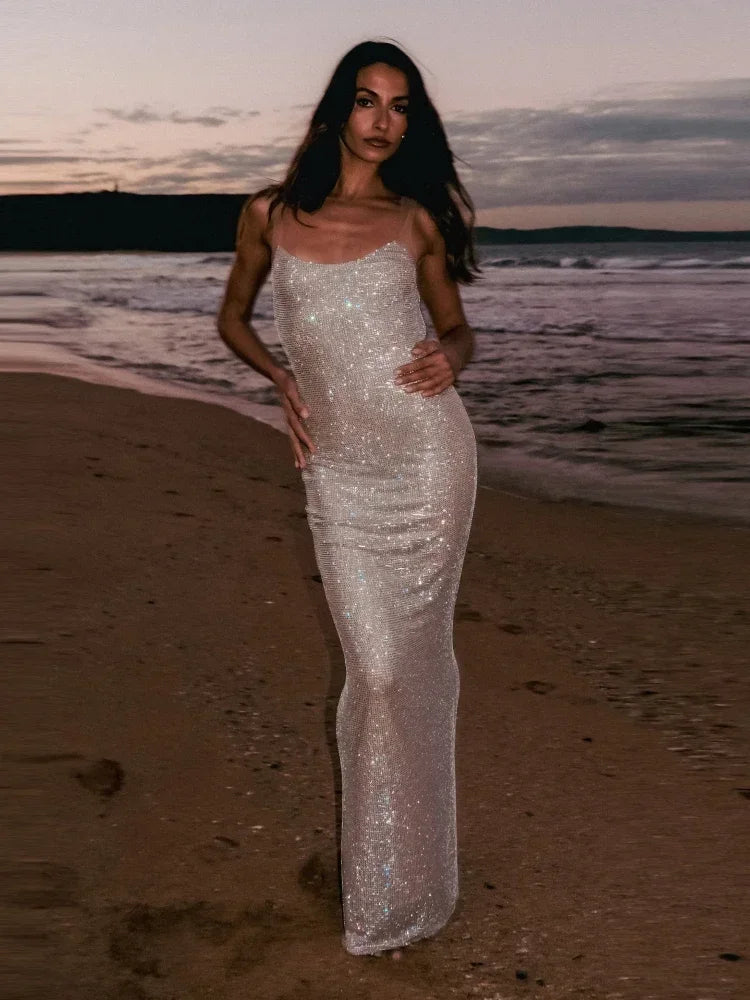 Sexy Square Collar Mesh Patchwork Diamonds Long Dress Women Backless Shiny Rhinestone Slim Dresses Evening Party Cocktail Gowns