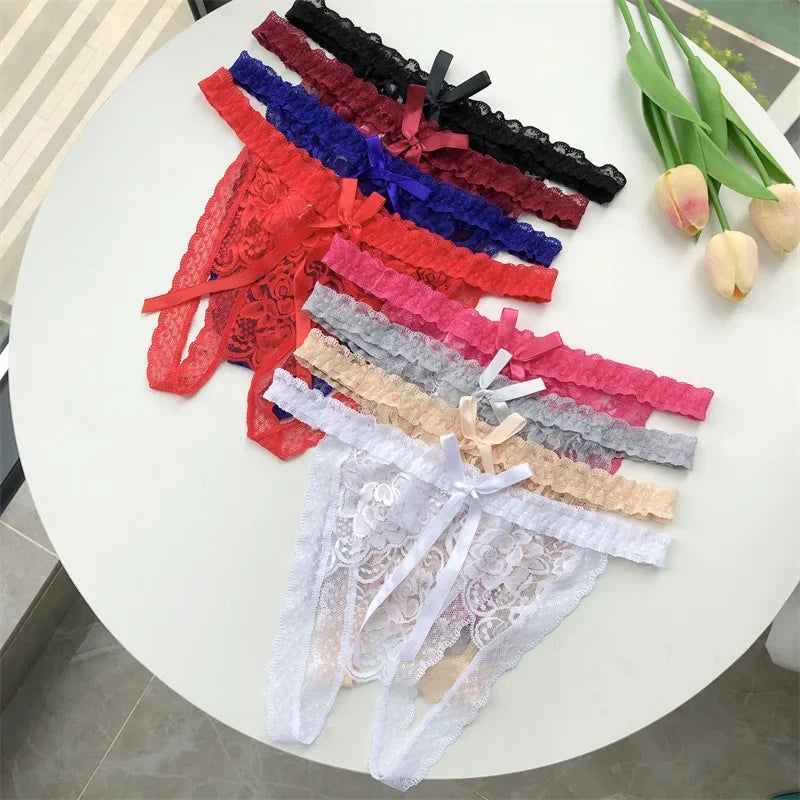 Customized Crystal Name Letters Women's Sexy Breathable Lace Underwear Low Waisted Opening Thong Bikini Erotic G-String Panties