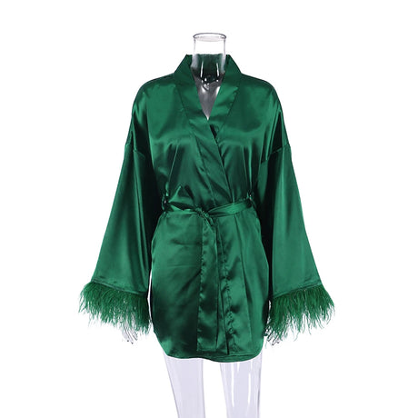 Feather Bathrobes Satin Sexy Mini Dress Long Sleeve Loose Peignoirs For Women Robe White Wedding Dress Black Bride Dresses