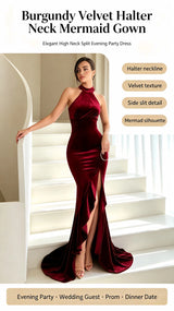Burgundy Velvet Halter Neck Mermaid Gown High Neck Split Evening Party Dress for Women Wedding Guest Prom Formal Dresses