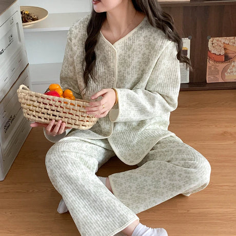 Thickened Air Cotton Sleepwear Set for Women Autumn Winter Polka Dot Home Clothes Korean Style Cute Girl Long Sleeve V-Neck