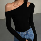 Fashion Skew Collar Off-shoulder Long-sleeved T-shirts Women Spring 2023 New Solid Slim Fit Crop Top Sexy Hollow Out Tees Shirts
