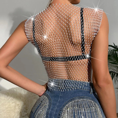 New Sexy Mesh Crop Tops for Women Summer Rhinestones Fashion Party Club See Through Fishnet Tank Hollow Out Backless Top