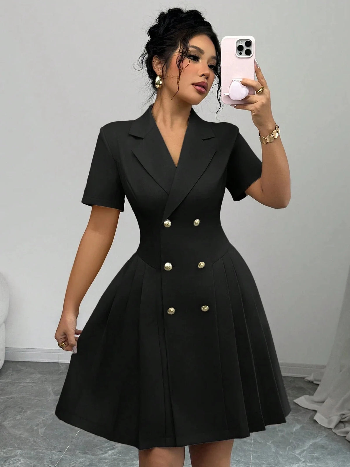 2026 Luxury Dresses Solid Color Notched Lapel Double Breasted Short Sleeve Slim Summer Midi Dress for Woman Clothes