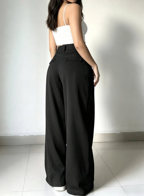 Women Wide Leg Cargo Pants High Waist Streetwear Trousers 2026 Spring Autumn Solid Black Loose Pleated Casual Pants S-XXL Size
