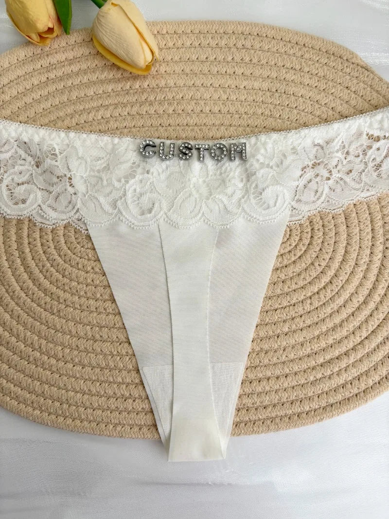 Personalized Custom Thong Name Crystal Letter G-String Low Waisted Lace Thong Ice Silk Bikini Panties Hot Wife Girlfriend Gift
