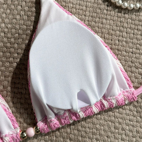Pink Striped Print Halter String Triangle Bikinis Sets Micro Thong Sexy Swimsuit Women 2026 Ladies Swimwear Bead Bikini Bather