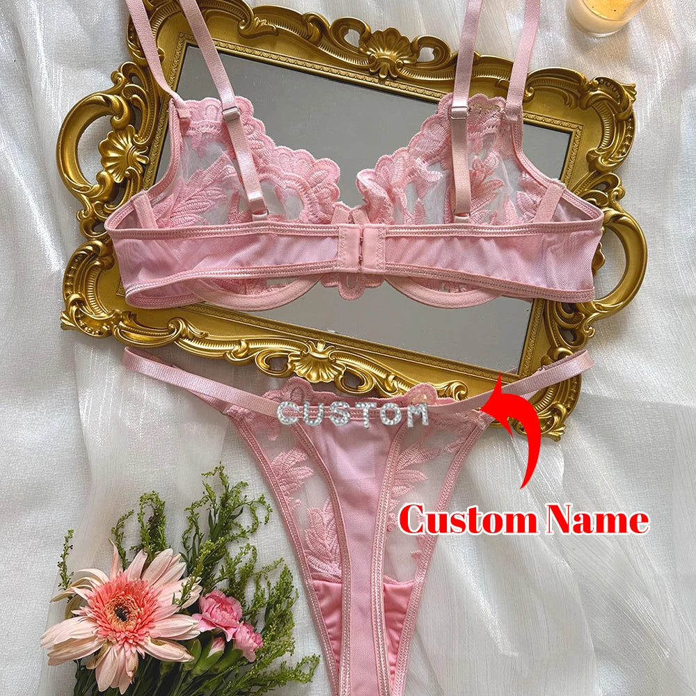 Personalized Thong with Name Embroidery Floral 2pc ingerie Set Custom Your Name Thong Sheer Bra Brief Underwear Anniversary Gift