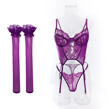 Sexy Purple Eyelash Lace Lingerie Set 3Pcs Mesh Transparent Fishbone Bustier Bra Panty with Stockings Sensual Underwear