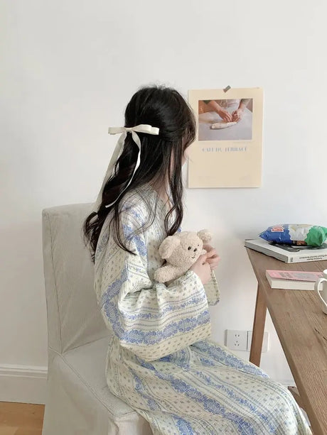 Sweet, Fresh, And Retro Striped Floral Nightgown and Pajamas for Women: Long-Sleeve Bathrobe and Loungewear for Spring and Fall