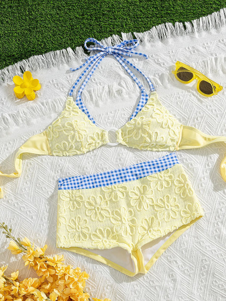 Women Floral Textured Bikini Set Gingham Contrast O-Ring Triangle Top High Waist Boy Short 2 Piece Swimsuit Bathing Suits