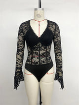 Benuynffy Black V-neck Long Sleeve Bodysuit Women's Sexy See Through Lace Bodys for Women Slim Fit One Pieces Tight Body Top