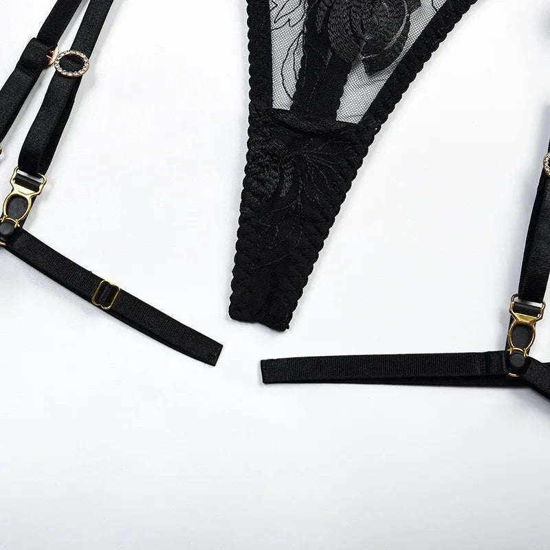 Luxury Floral Embroidery Lace Women's Lingerie Sets Seductive Jewel Strap Sheer Push Up Bra Panty Garter Belt 3PC Sexy Underwear