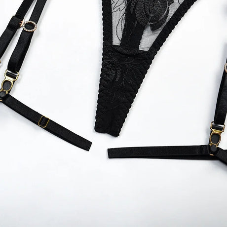 Luxury Floral Embroidery Lace Women's Lingerie Sets Seductive Jewel Strap Sheer Push Up Bra Panty Garter Belt 3PC Sexy Underwear