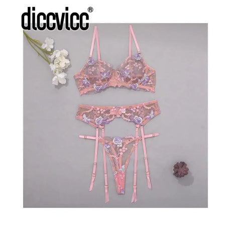 Diccvicc Floral Lingerie Embroidery Transparent Sexy Lace Women Underwear Bra Thong Exotic Apparel Erotic Outfits Intimate Set